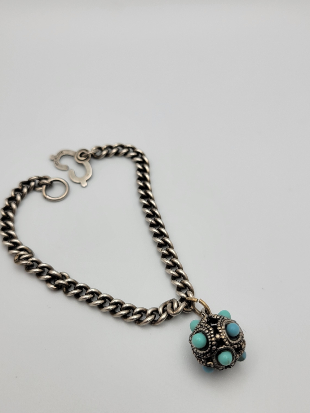 Vintage Sterling Silver Bracelet Bohemian Filigree Ball Charm Turquoise Glass